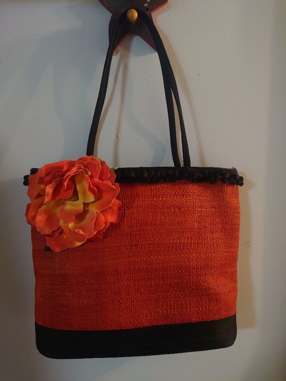 Cole Haan orange straw and black fabric tote